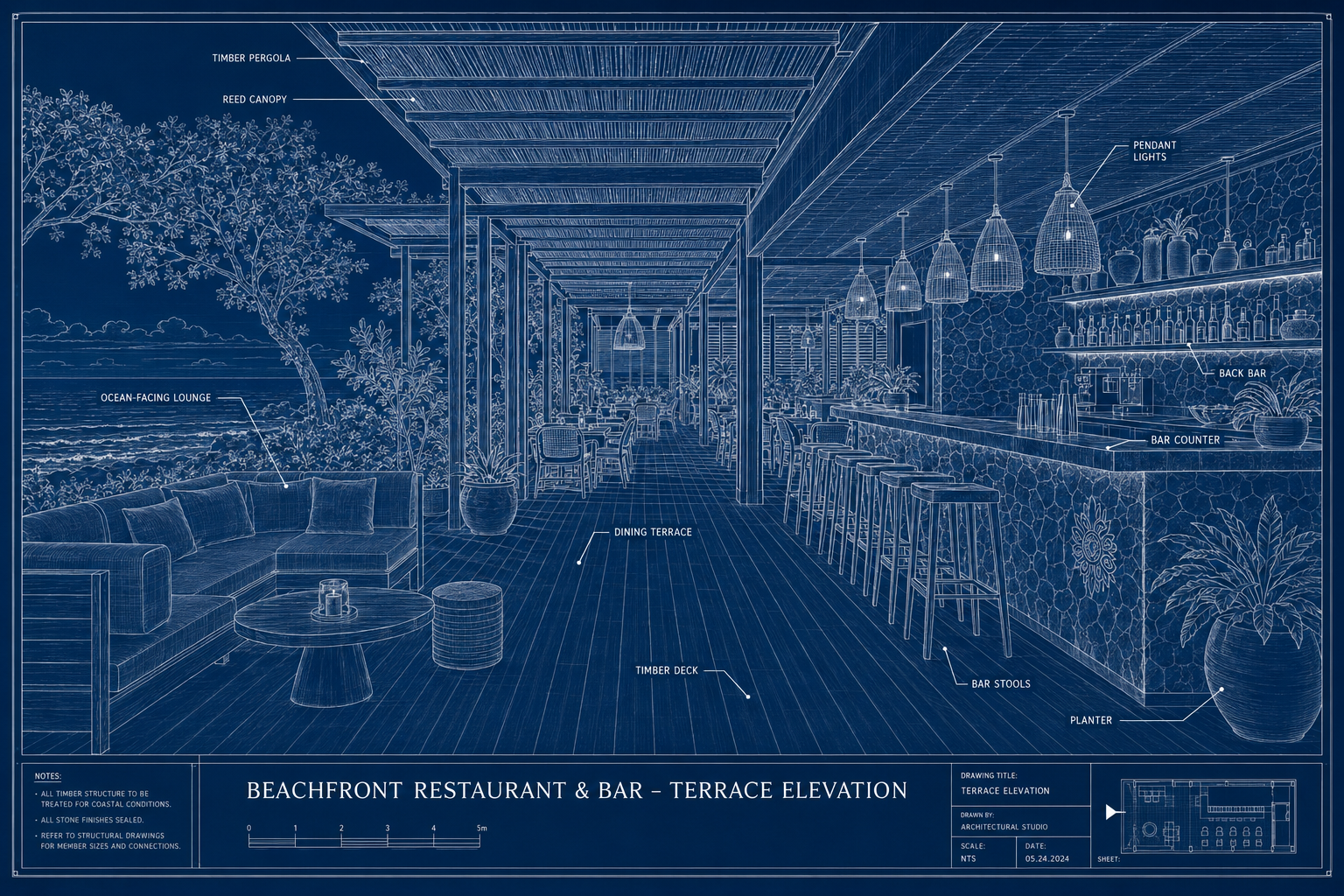 Beachfront restaurant and bar drawing