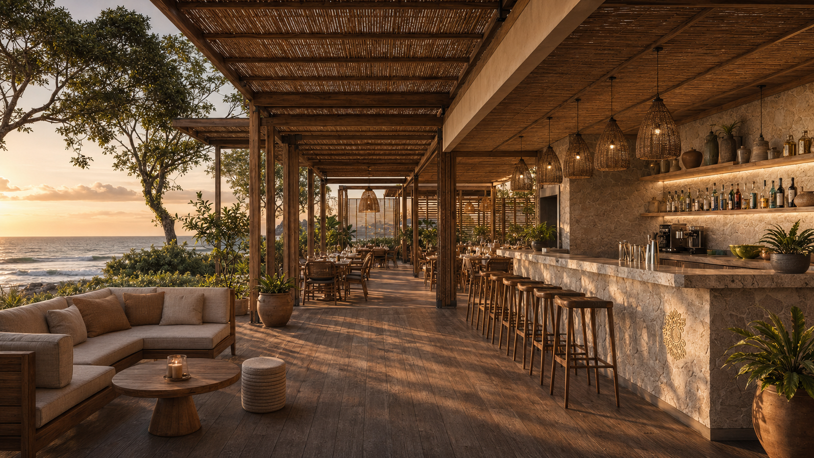 Mangal Eco-Resort oceanfront bar and restaurant at golden hour